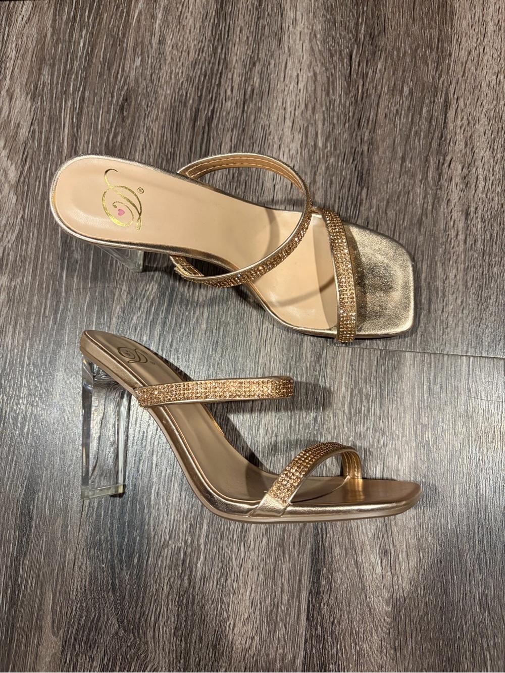 Metallic Gold Strappy Heeled Sandals with Crystal Accents